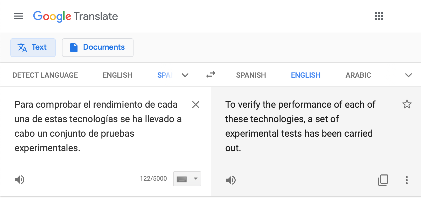 Un texto en Google Translate